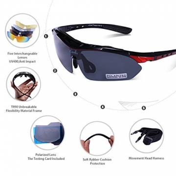 Carfia Multi TR90 UV 400 Outdoor Sport Brille Polarisiert Sonnenbrille Radbrille mit 5 wechselbare Linsen für Skilaufen Golf Radfahren Laufen Angeln Baseball - 4