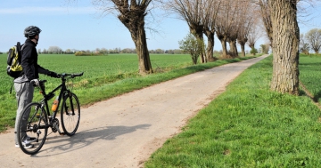 Mann mit Fahrrad auf Feldweg