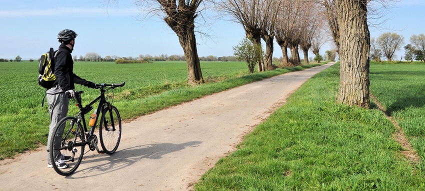 Mann mit Fahrrad auf Feldweg