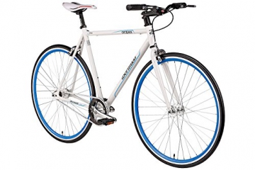 Fixie 28 Zoll Singlespeed Retro Fahrrad in weiß / blau 28“ Fitnessbike Fixed Gear Rennrad Bike Flip Flop Nabe 56 cm Rahmenhöhe Damen Herren (weiß / blau, 56) - 1