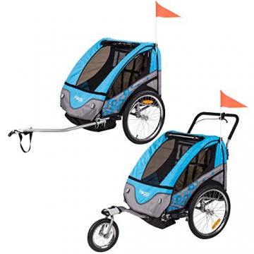 FROGGY Kinder Fahrradanhänger 360° Drehbar mit Federung + Joggerfunktion + 5-Punkt Sicherheitsgurt, 2in1 Anhänger für 1 bis 2 Kinder, Design Cyan - 2