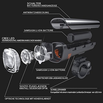 LED Fahrradlicht Set, Degbit StVZO Zugelassen USB Wiederaufladbare LED Fahrradbeleuchtung Set, Fahrradlampe Set inkl, LED Frontlichter und Rücklicht, 2600mAh Akku USB Aufladbare Fahrradlichter - 4