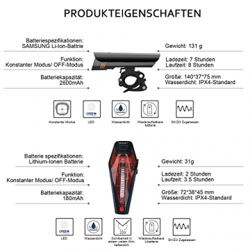 LED Fahrradlicht Set, Degbit StVZO Zugelassen USB Wiederaufladbare LED Fahrradbeleuchtung Set, Fahrradlampe Set inkl, LED Frontlichter und Rücklicht, 2600mAh Akku USB Aufladbare Fahrradlichter - 6