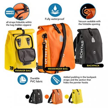 Rohtar Allround Series - Fahrradtasche - Fahrradrucksack - Gepäckträgertasche - Die ideale Reisetasche für Radfahrer - Verdeckte Gurte und Haken und voll wasserdichtes PVC-Gewebe - 18L Schwarz - 2